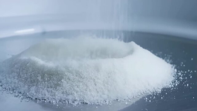 Salt crystals vibrating on a metallic surface with white powder particles featuring texture, mineral, sodium chloride with seasoning and cooking