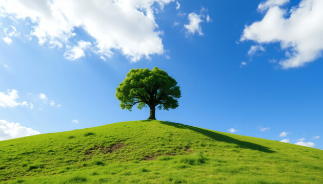 A solitary, vibrant green tree stands tall on a lush, rolling hill under a bright blue sky with scattered white clouds