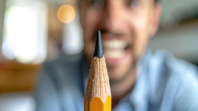 Sharp pencil tip closeup, human in the blurry background, indoor light