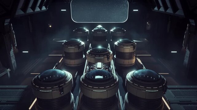 Spaceship interior with cryogenic pods aligned in a futuristic minimalist design for deep space missions