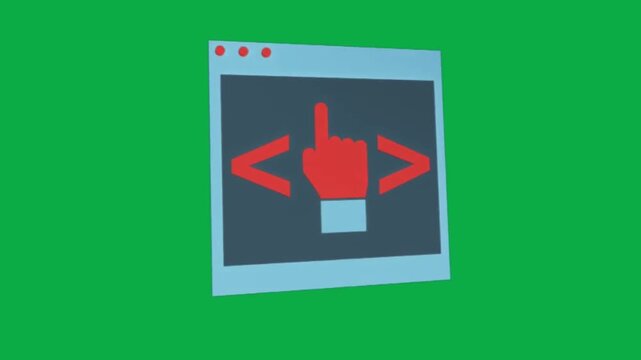 Animated 3d web browser window with coding symbols on green screen background