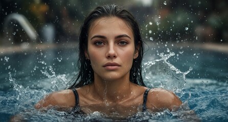 Fototapeta premium beautiful woman emerging from water with splashing droplets and intense gaze.