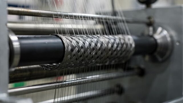 Medium shot of a rubber hose braiding machine weaving a single braid reinforcement tightly around flexible rubber tubing showcasing precision and smooth industrial operation.