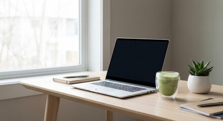 Fototapeta premium Minimalist workspace with laptop and matcha latte on desk