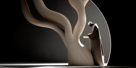 Naklejka premium Quiet scene with artistic monk figure caring for carved wooden tree among soft lights