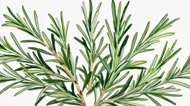 Detailed Watercolor Illustration of Rosemary Branch with Green Leaves and Brown Stems on White Background, Botanical Art.