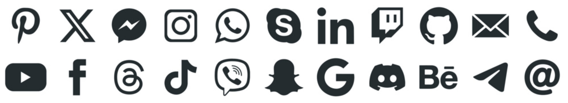 Collection of dark minimalist social media icons on white background, simple flat vector logos for mobile app interface, website footer and corporate identity