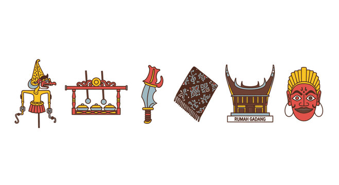 Indonesian Traditional Culture Icon Set Vector Illustration with Wayang Batik and Rumah Gadang