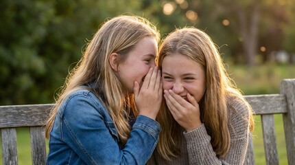 Fototapeta premium Best Friends Whispering Secret on Bench