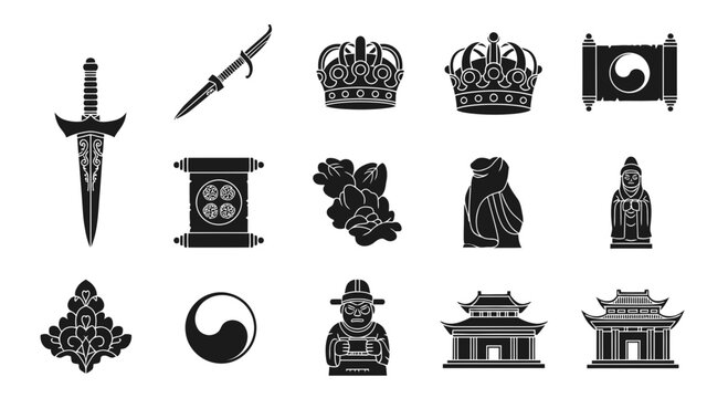 Traditional South Korean Heritage Icons and Culture Symbols Vector Illustration Set