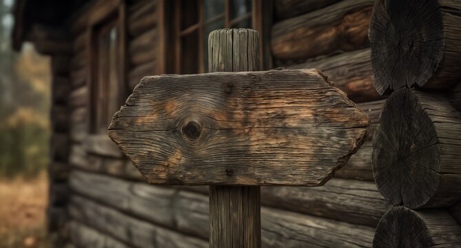 rustic wooden signpost next to a log cabin in the forest.