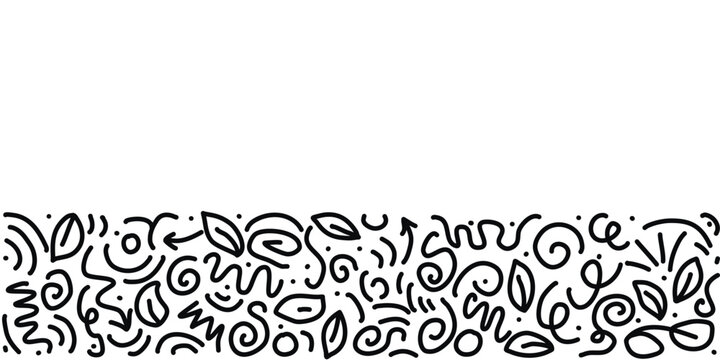 Ink swirls, swirls, waves, leaves, dots on white background. Horizontal border, free form abstraction. Decorative modern print. Vector graphics