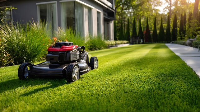 A stylish lawn mower gliding across a freshly maintained lawn as the main subject, within a modern residential yard featuring a sleek driveway, ornamental grasses and trimmed hedges framing the proper