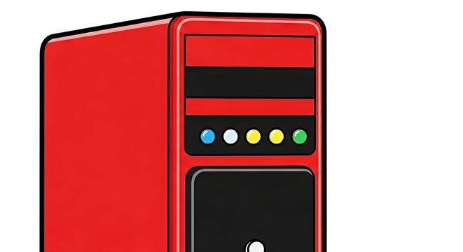 Cartoon-style red computer tower with colorful buttons and design  