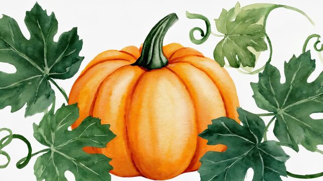Watercolor Illustration of Vibrant Orange Pumpkin Surrounded by Lush Green Vine Leaves, Autumn Harvest Still Life.