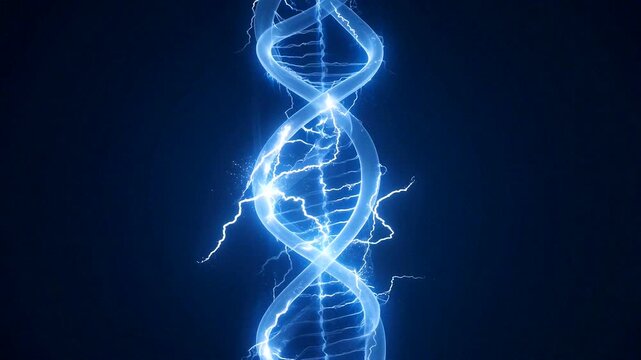 Electric blue DNA helix glowing with energy and lightning on a dark background.