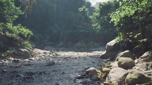 sunlit rocky creek with scattered boulders and bright patches of light, shallow channel winding between rock faces and leafy overhangs, tactile textures