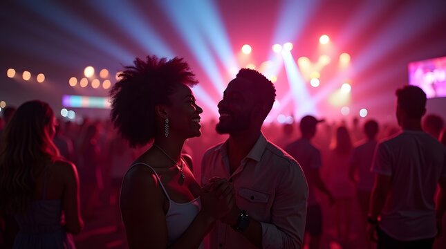 Couple Dancing Together at a Lively Music Festival with Vibrant Lights and Energetic Crowd