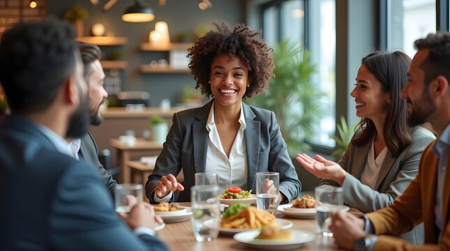 Diverse Group of Professionals Engaging in Friendly Business Meeting over Lunch at Restaurant