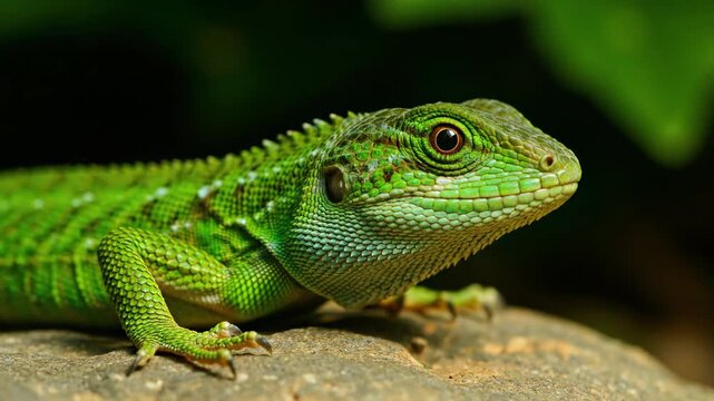 Vibrant green lizard resting on a rock in a natural habitat.