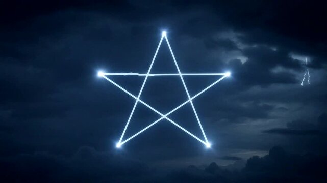 Glowing star and lightning bolts illuminate a dramatic night sky with clouds and electric energy.