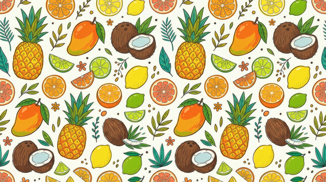 Seamless pattern of tropical fruits. Pineapples, mangoes, coconuts, citrus slices in bright hand drawn doodle style, clean summer background, no text, fresh vector illustration.