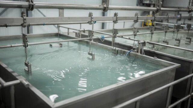 Medium shot showing dip tanks filled with rust prevention solution as metal parts are submerged emphasizing protective coating application in factory environment.