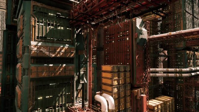 Moody industrial interior with deep shafts and layered platforms, subdued lighting and heavy shadows, gritty surfaces and dense pipework creating atmospheric