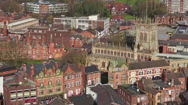 Aerial view of Wigan town centre with the Parish Church, Greater Manchester, England