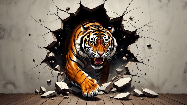 Roaring tiger leaping through a cracked concrete wall. Concept of dominance and survival. Ferocious predator breaking a hole in a gray wall with aggressive movement and power.