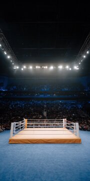 Empty boxing ring center arena under bright overhead lights with large cheering crowd and dramatic staging