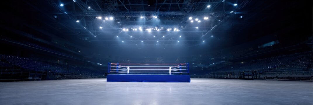Panoramic blue boxing ring at center of vast empty arena under intense overhead lights and wide open floor