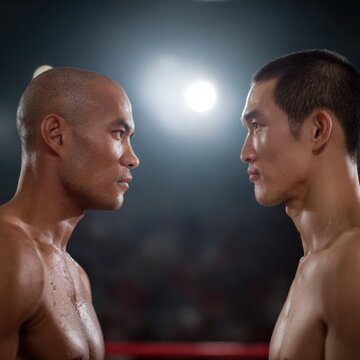Two male asian fighters facing off in ring intense stare down sweat and dramatic arena lighting before match