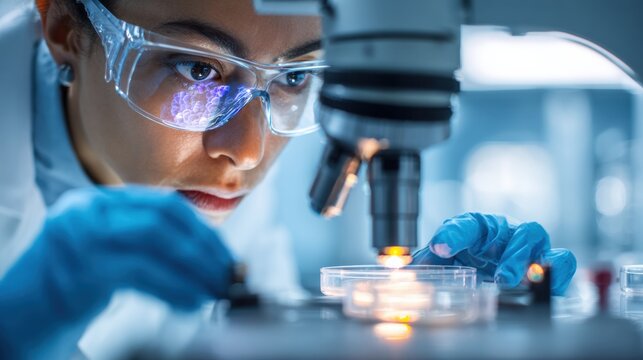 Female Laboratory Researcher Uses Optical Microscope in Clean Room for Advanced Scientific Analysis and Research Tasks