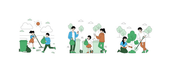 Fototapeta premium Group Participating in Recycling and Planting - Vector Illustration