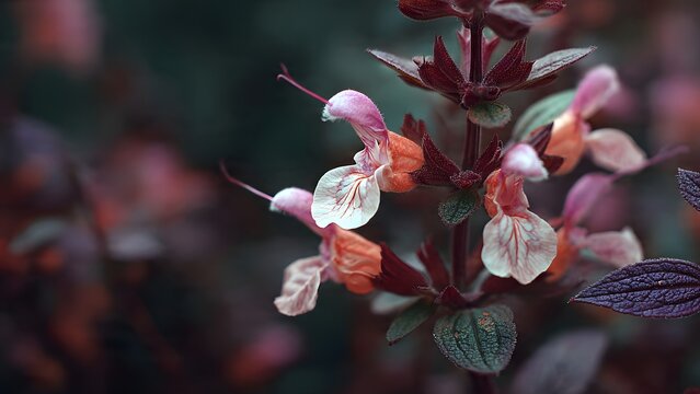Close-up of delicate pink and orange salvia flowers with dark moody background