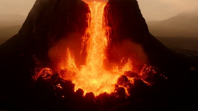 Molten lava cascades down an erupting volcano, illuminating the dark landscape with intense heat.