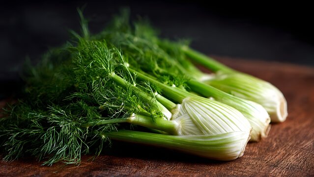 Fresh Fennel Bulbs with Green Fronds on Wooden Board