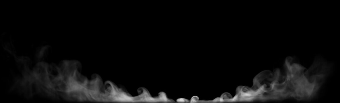 Abstract white smoke rising along bottom edge on black background, soft vapor waves with flowing motion and misty texture, ideal for dark design, atmospheric overlays, mystery themes.