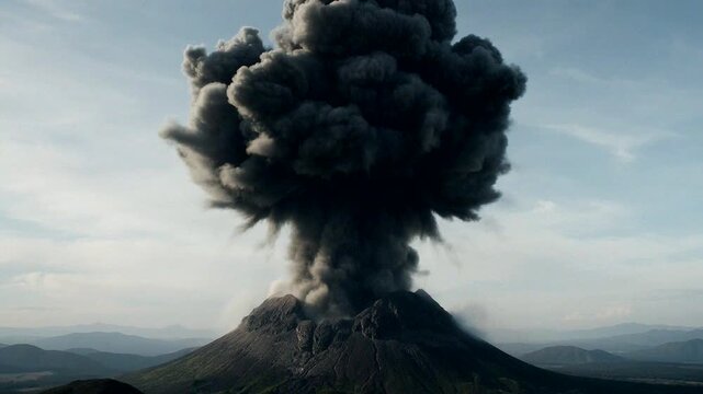 A powerful volcanic eruption creates massive ash clouds and dramatic scenes against a clear sky.