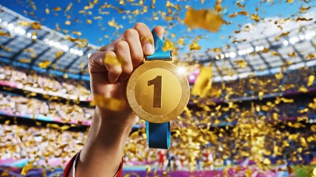 Close-up of a person's hand holding a shiny gold medal with the number 1 engraved on the surface, representing first place victory, achievement, and success in a competitive sporting event.
