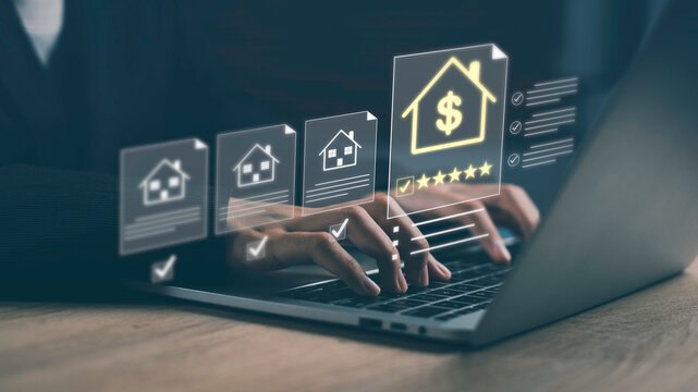 Mortgage loan approval, property investment and real estate financing concept. Business user analyzing digital checklist, rating and review system on laptop for home loan approval.