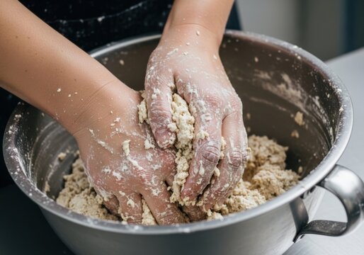 Person mixing dough in large metal bowl with hands covered in flour