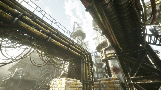lowangle sprawling pipeline network under sky, dense tangle of insulated pipes and support beams, dynamic leading lines draw eye through industrial maze,