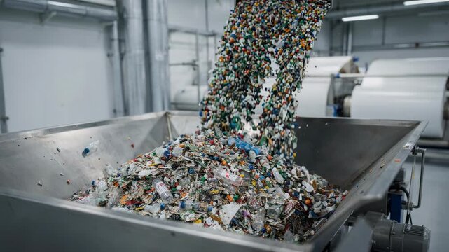 Medium shot capturing postconsumer recycled plastic flakes added into a film extruder hopper emphasizing circular economy efforts and waste reduction in plastic film production.