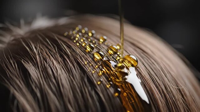 Closeup of hair with golden oil being applied for nourishment and shine