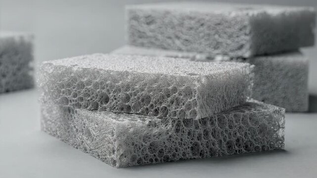 Medium shot capturing opencell flexible polyurethane foam blocks with visible porous structure emphasizing breathability and airflow benefits for cushioning applications.
