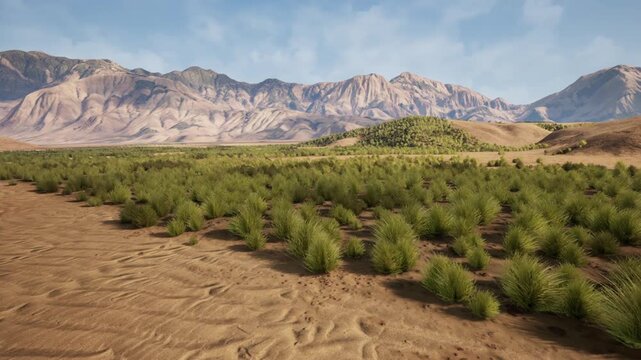 Ordered shrub rows on sandy plain beneath distant peaks, drone operator capturing geospatial data for restoration mapping, crisp aerial perspective showing