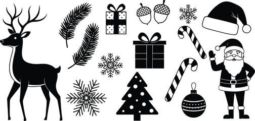Black silhouette Christmas elements including reindeer Santa Claus gifts snowflakes holiday winter © MdShidul