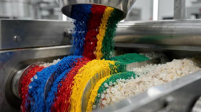 Medium shot capturing color masterbatch blending process with vibrant pigment powders being mixed into plastic pellets for customized production.